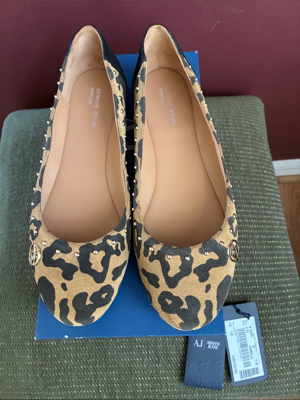 Armani Jeans Tan and Black Leopard-Print Ballet Flats with Gold Logo